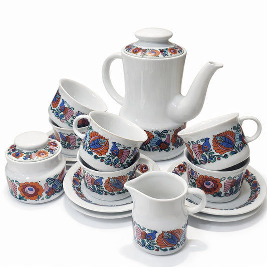 Wawel Łowicz Polish porcelain coffee set folk bird pattern vintage 1970s bright