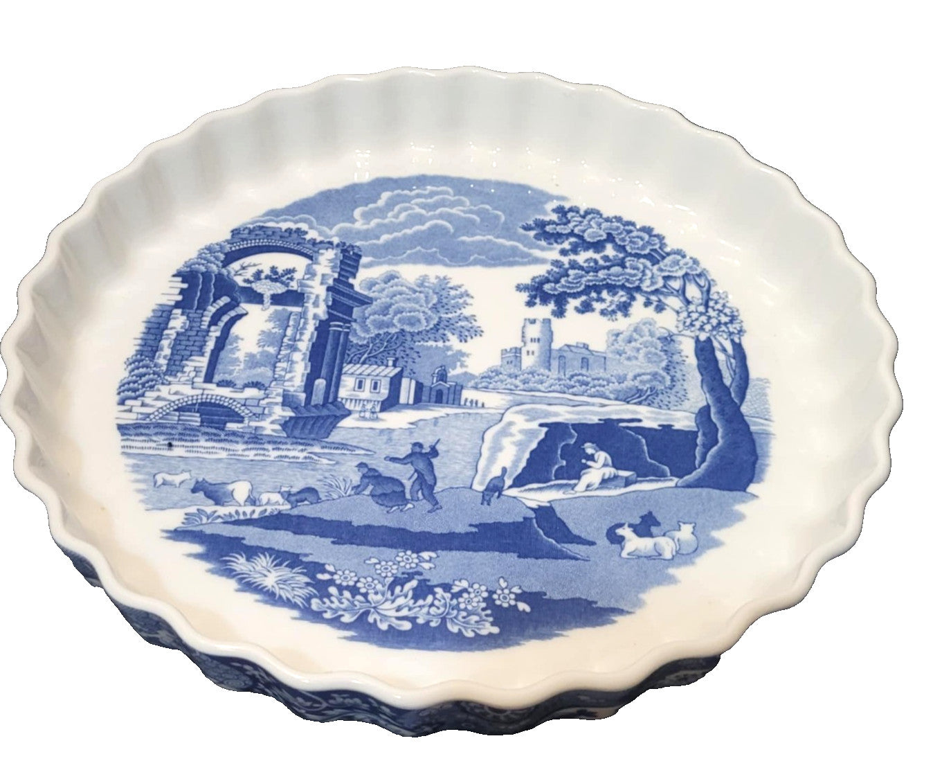 Spode Italian Large Flan Quiche Dish Oven to Table Fluted 10.5" featuring intricate blue design.
