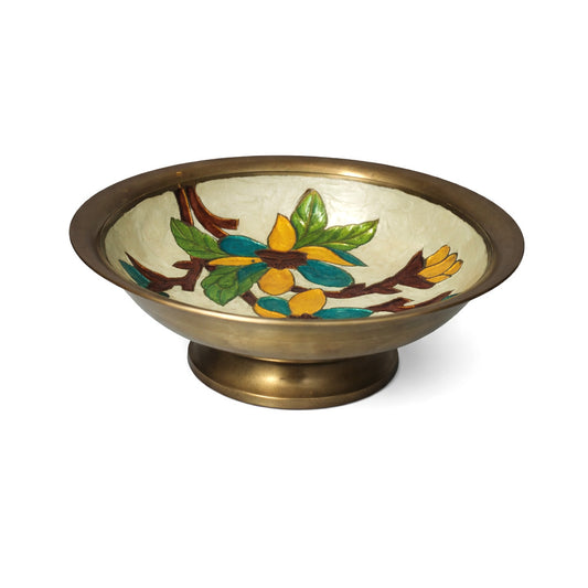Vintage Brass Enamel Pedestal Bowl Indian Floral Dish Footed 8.25" Decor