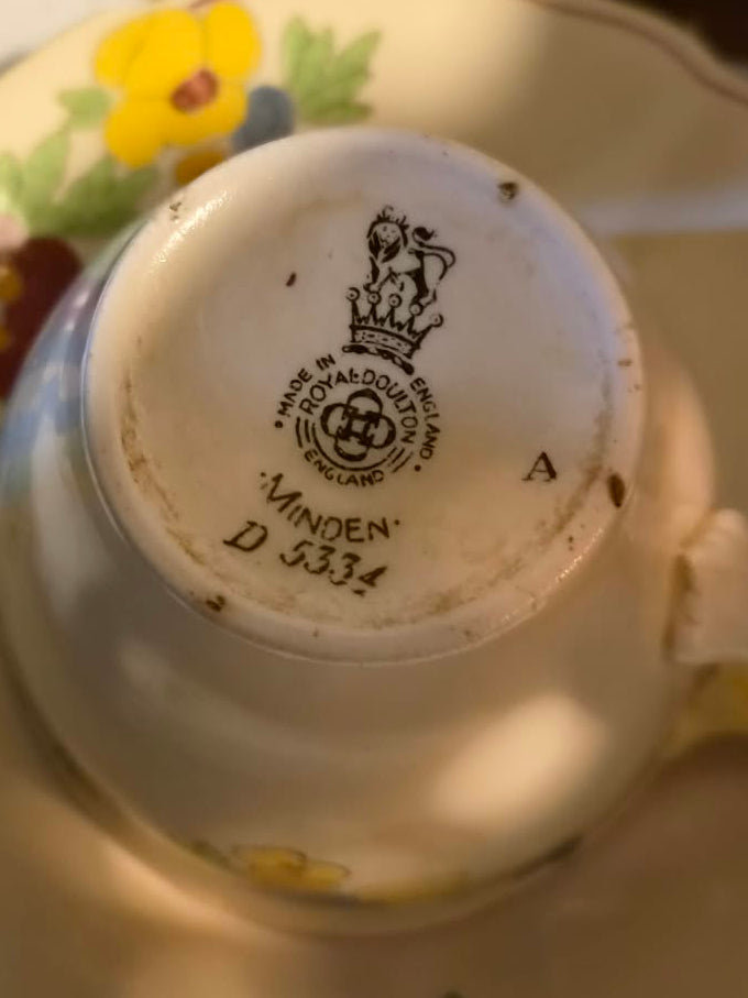 Base and Royal Doulton Minden D5334 maker's mark on the tea cup and saucer