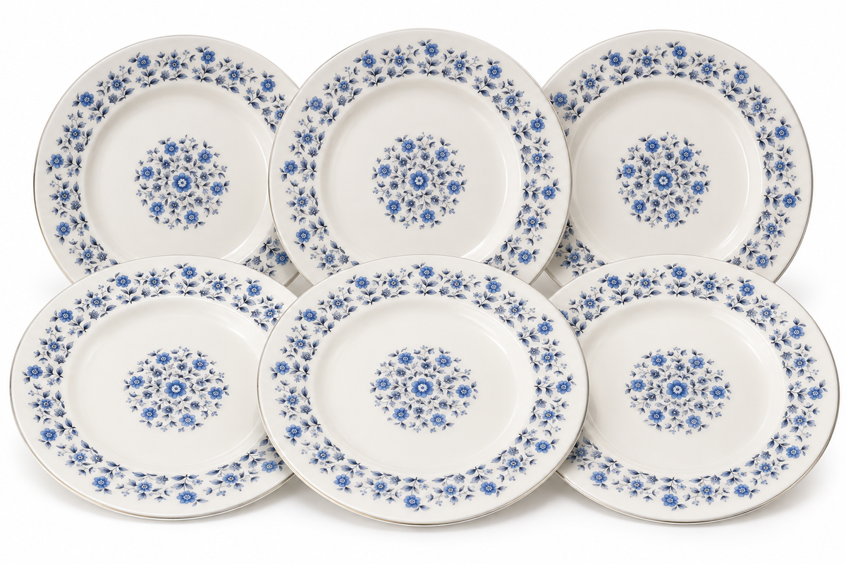 Six white ceramic plates with blue floral patterns arranged in two rows of three on a white background.