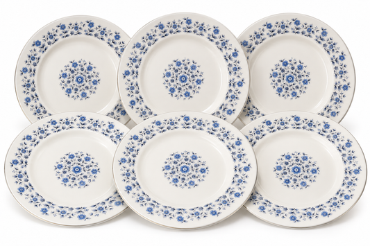 Six white ceramic plates with blue floral patterns arranged in two rows of three on a white background.
