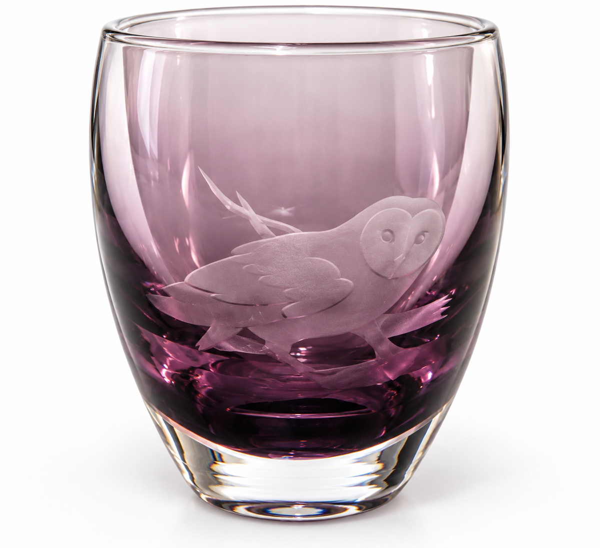 Caithness Amethyst Art Glass Engraved Owl Vase – Vintage Scottish Glass