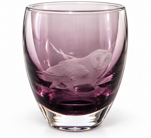 Caithness Amethyst Art Glass Engraved Owl Vase – Vintage Scottish Glass