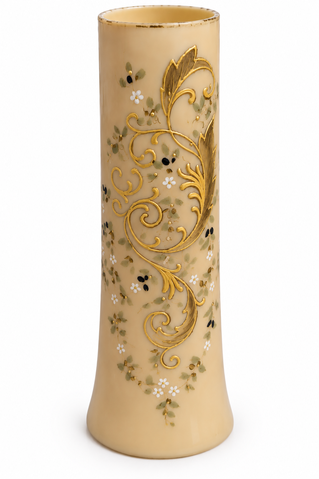 A tall, flared ceramic vase in a warm cream-beige glaze, decorated with elegant gold leaf scrollwork and delicate green and white floral motifs, set against a plain white background.