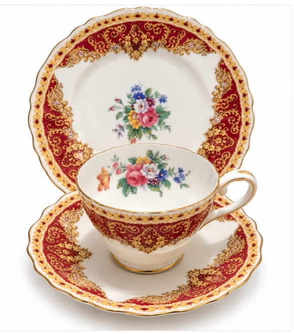 Aynsley Crimson Red & Gold Floral Bone China Tea Trio