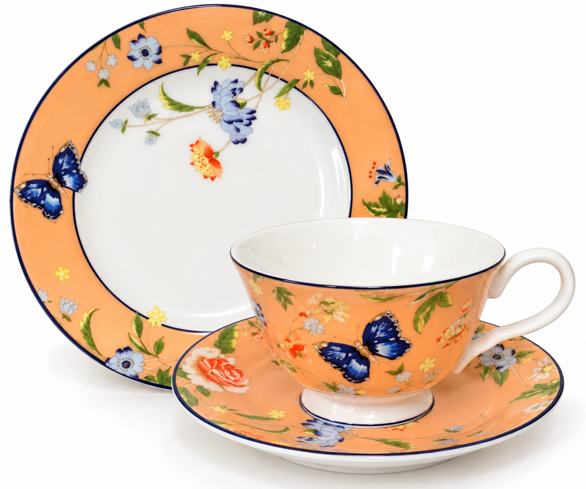 Aynsley Windsor Cottage Garden Peach Floral Butterfly Tea Trio Cup Saucer Plate