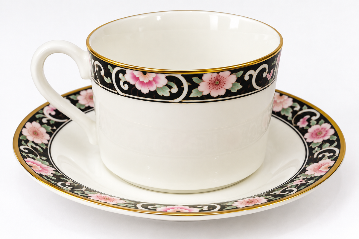 Coalport Richmond Black Pink Floral Bone China Tea Cup and Saucer England