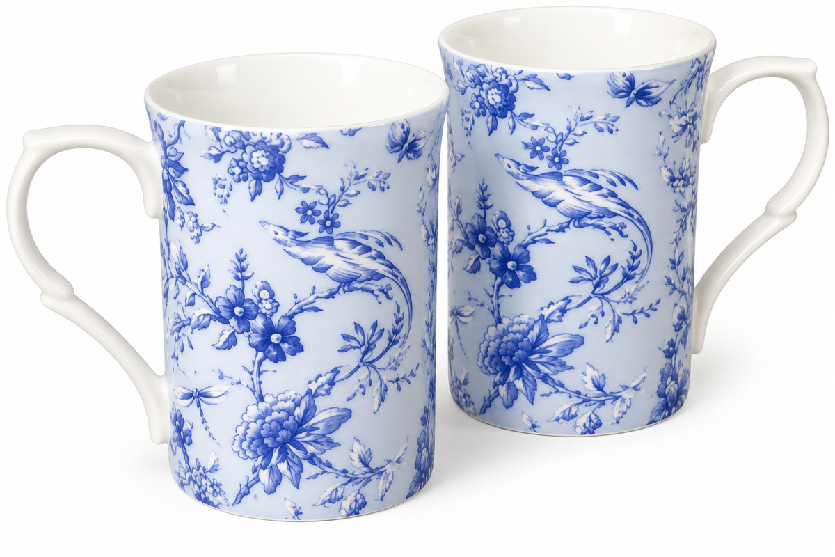 Churchill Blue & White Oriental Bird Fine Bone China Mugs – Pair