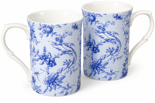 Churchill Blue & White Oriental Bird Fine Bone China Mugs – Pair