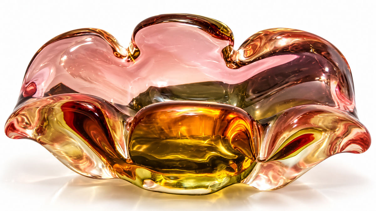 Vintage Chřibská Czech Art Glass Pink & Amber Sculptural Bowl – Hospodka Style