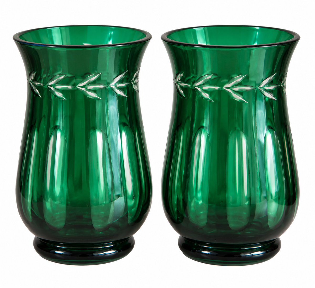 Pair of Vintage Emerald Green Optic Glass Vases with Cut Leaf Garland