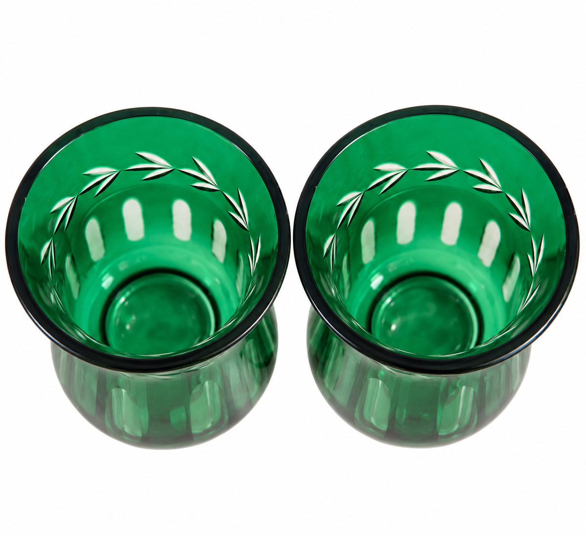 Pair of Vintage Emerald Green Optic Glass Vases with Cut Leaf Garland