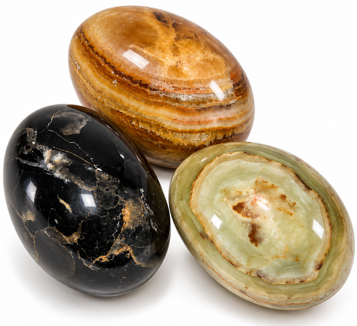 Set of 3 Vintage Polished Banded Calcite Stone Eggs