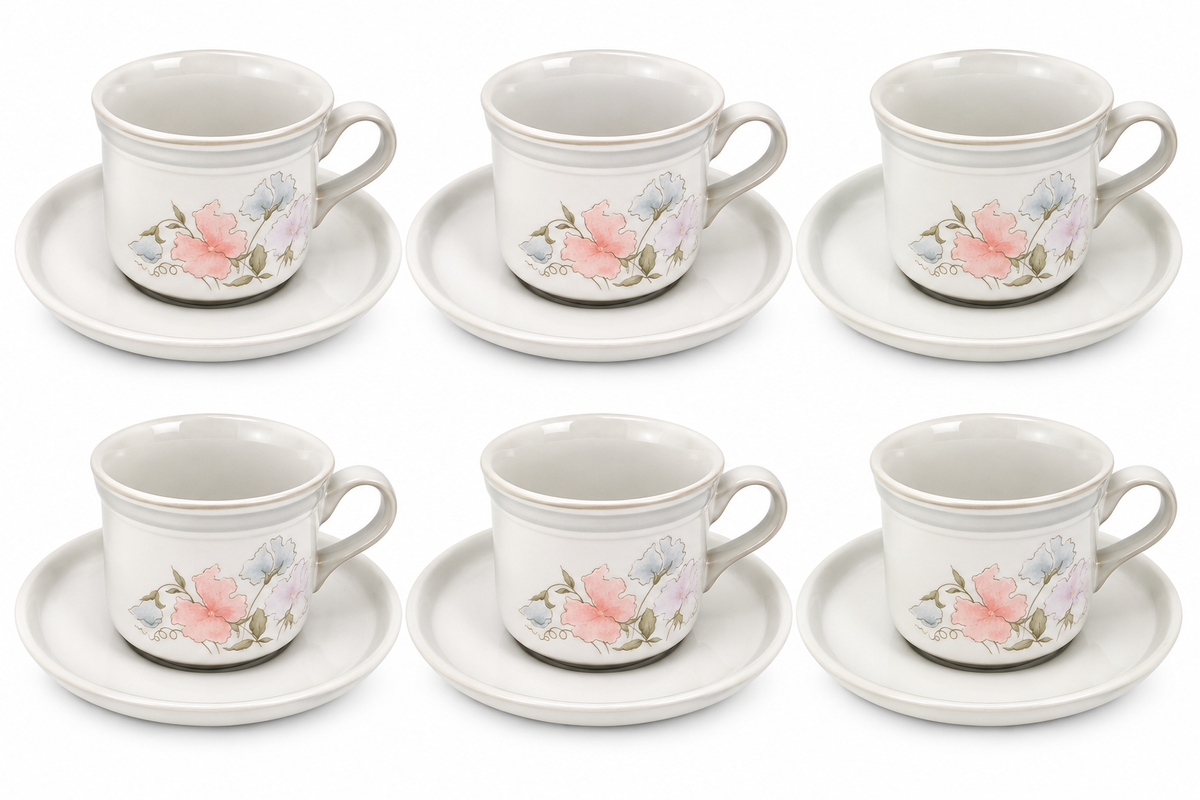 Set of 6 Vintage Denby Dauphine Stoneware Cups & Saucers
