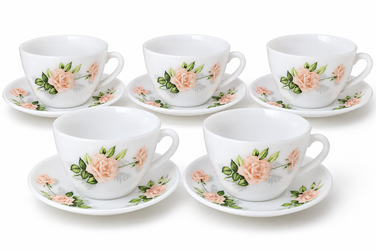 Vintage Arcopal France Pink Rose Glass Tea Set – 5 Cups & Saucers