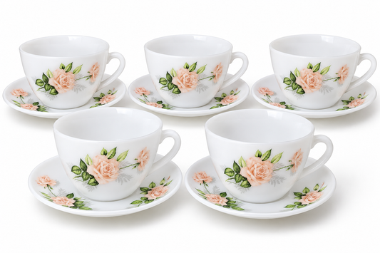 Vintage Arcopal France Pink Rose Glass Tea Set – 5 Cups & Saucers