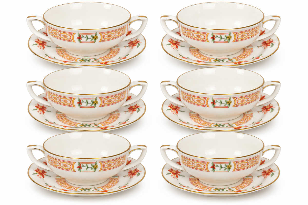 Set of 6 Royal Worcester Chamberlain Twin Handled Soup Cups & Saucers