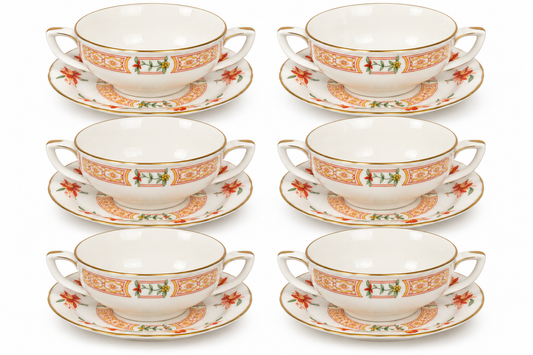 Set of 6 Royal Worcester Chamberlain Twin Handled Soup Cups & Saucers