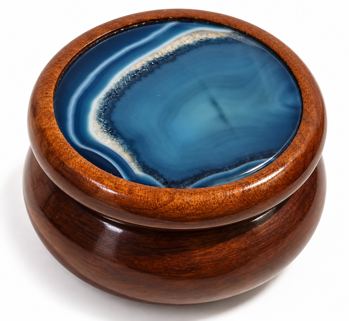 Vintage Turned Wood Trinket Box with Natural Blue Banded Agate Lid