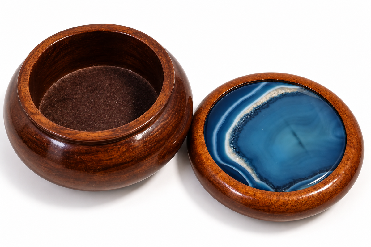 Vintage Turned Wood Trinket Box with Natural Blue Banded Agate Lid
