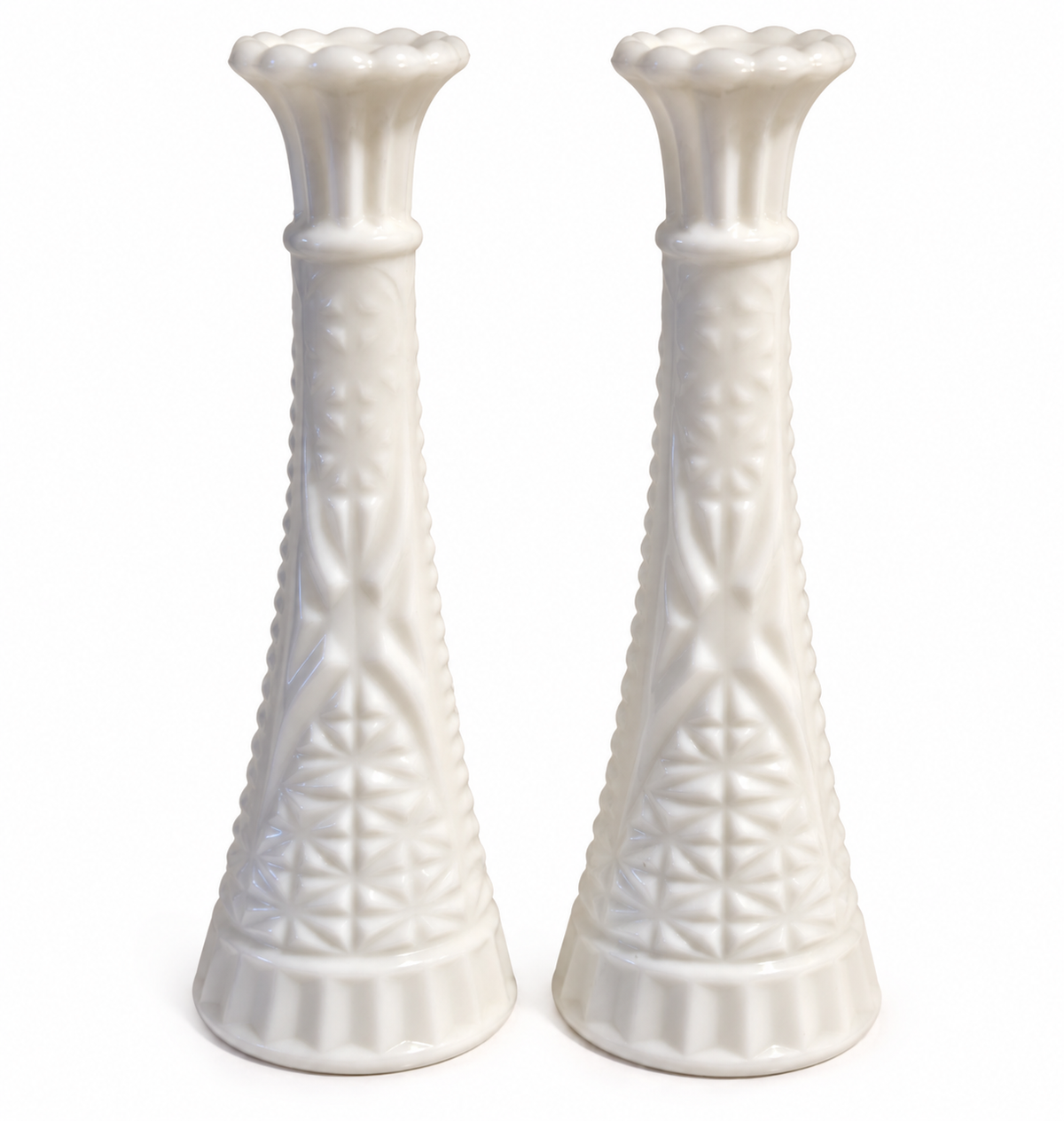 Pair Vintage Anchor Hocking Stars & Bars Milk Glass Bud Vases 8"