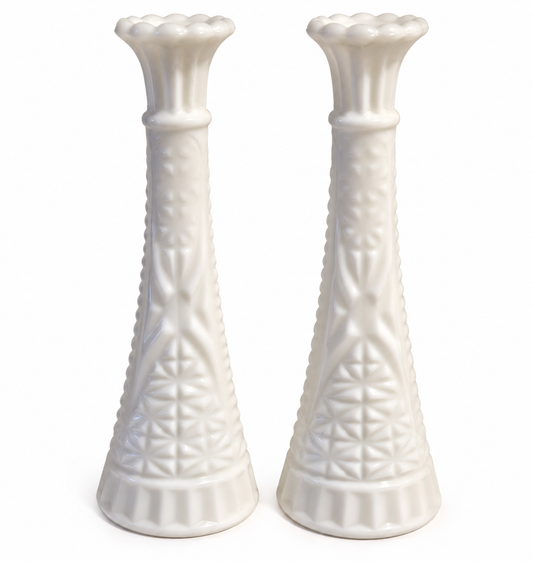Pair Vintage Anchor Hocking Stars & Bars Milk Glass Bud Vases 8"