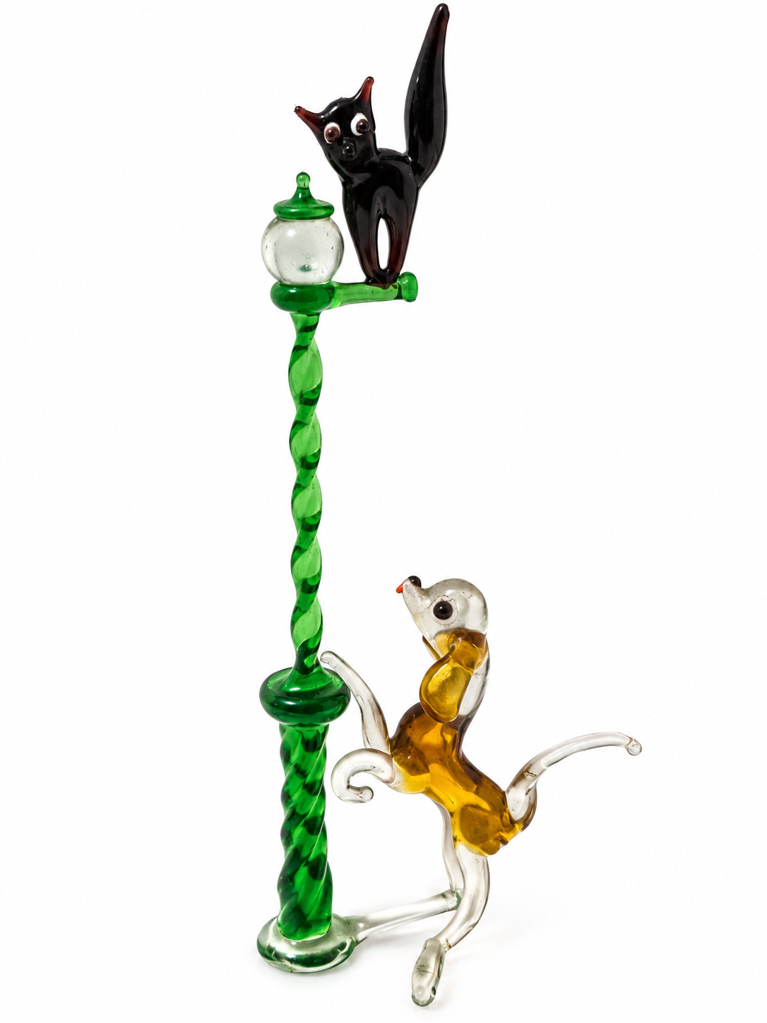 Vintage Lampwork Art Glass Cat & Mouse Lamppost Figurine – Pirelli Style 8"