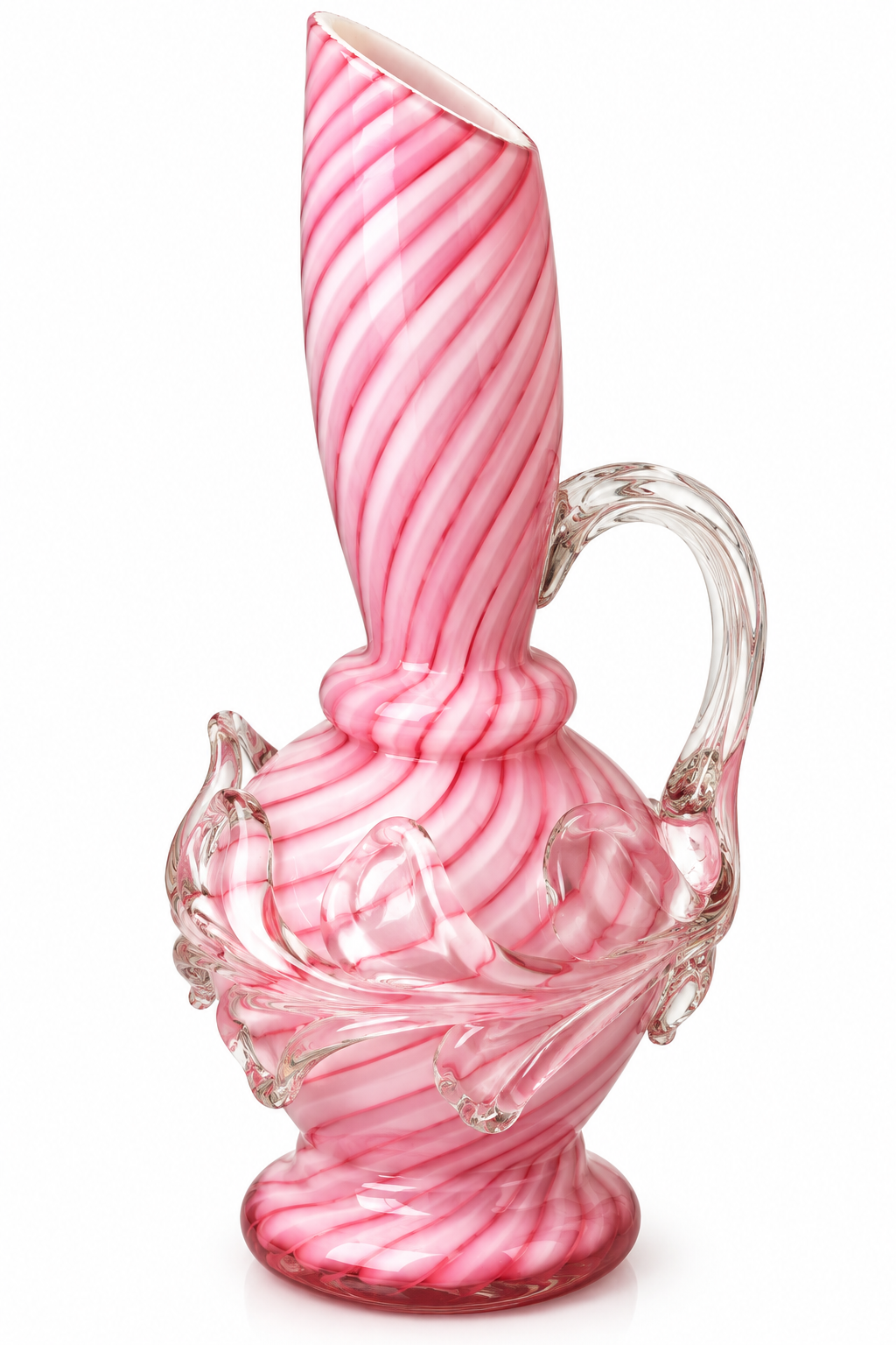 Vintage Pink & White Spiral Cased Art Glass Ewer with Applied Clear Glass – 20cm