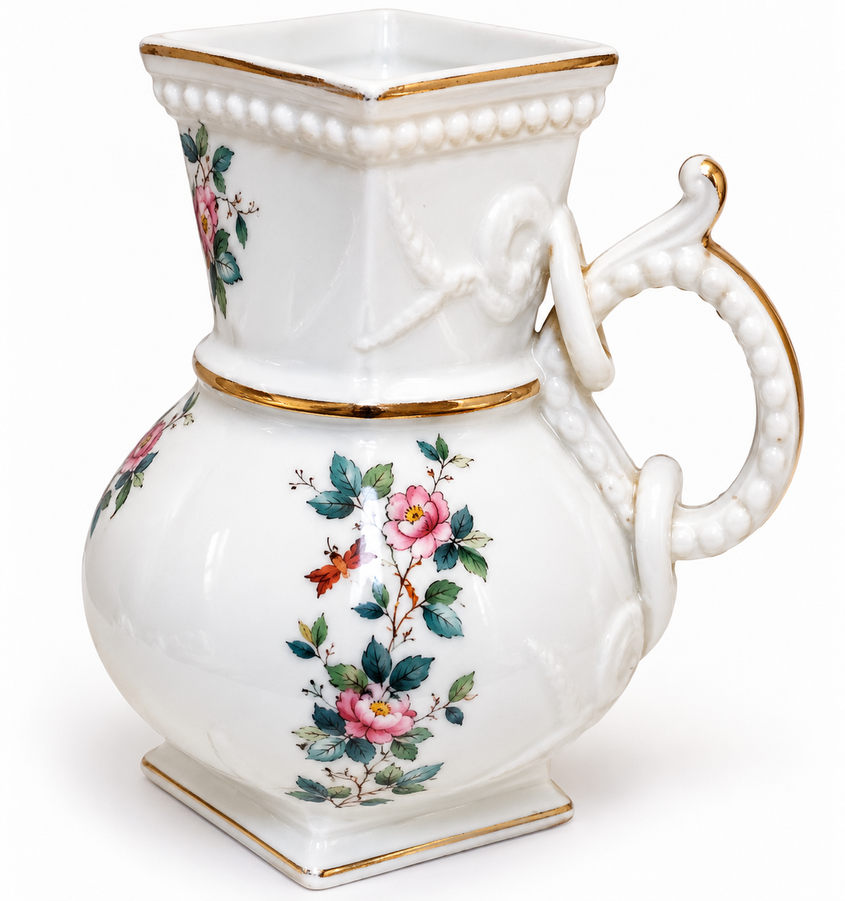 Antique Victorian Floral Porcelain Jug with Rope Handle & Registered Design Mark – 6"