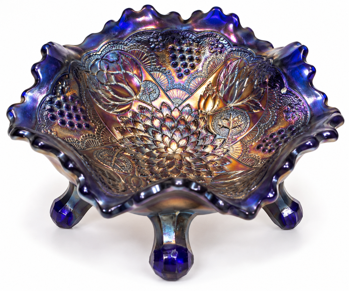 Antique Amethyst Carnival Glass 3-Footed Floral & Grape Bowl – 6"