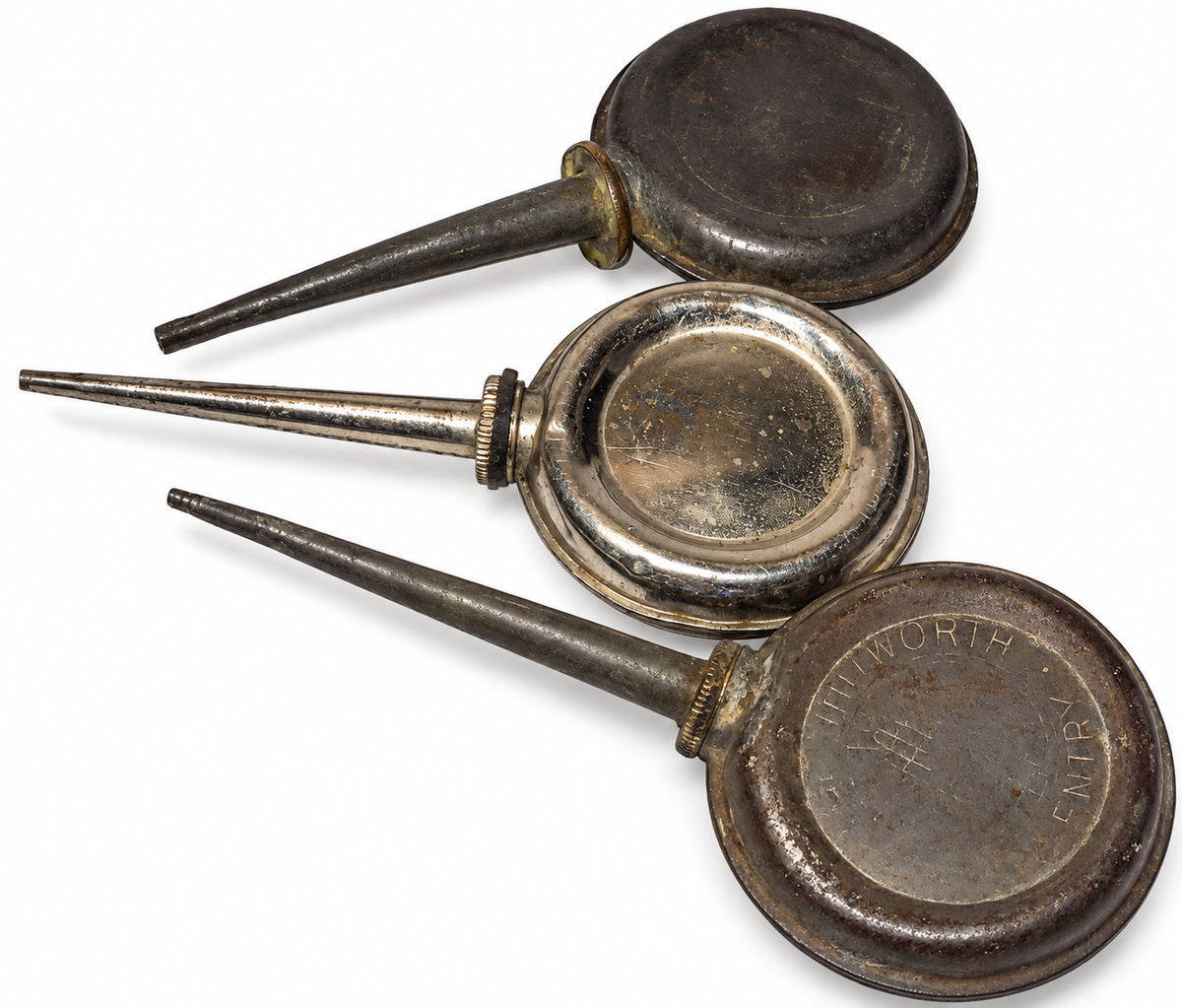Set of 3 Antique Sewing Machine Banjo Thumb Oilers – Vintage Metal Tools