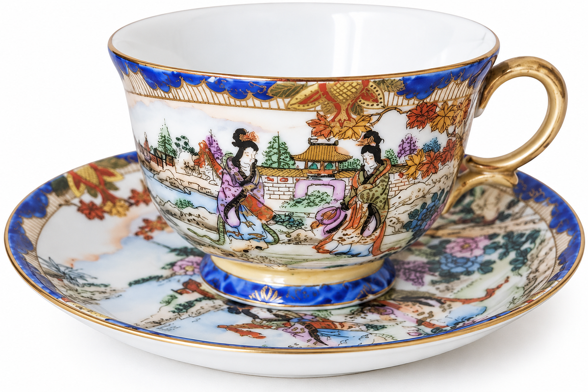 Antique Noritake Japan Maruki Scenic Tea Cup & Saucer with Gilt Detail