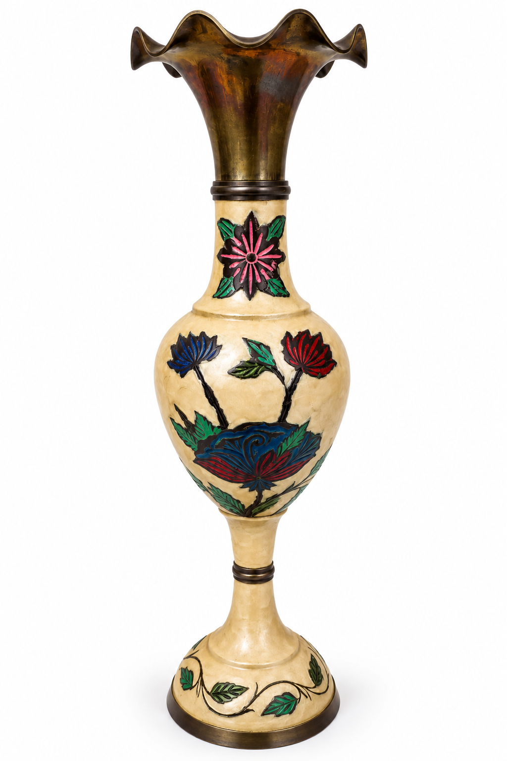 Vintage Indian Brass & Enamel Floral Floor Vase – 18" Statement Piece