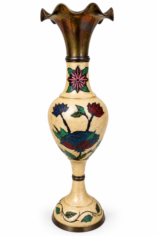 Vintage Indian Brass & Enamel Floral Floor Vase – 18" Statement Piece