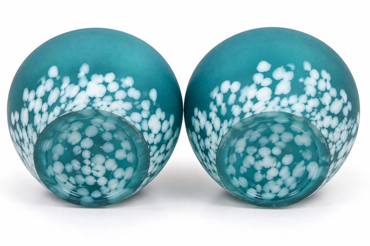 Pair Vintage Teal Satin Art Glass Vases – White Spatter 5"