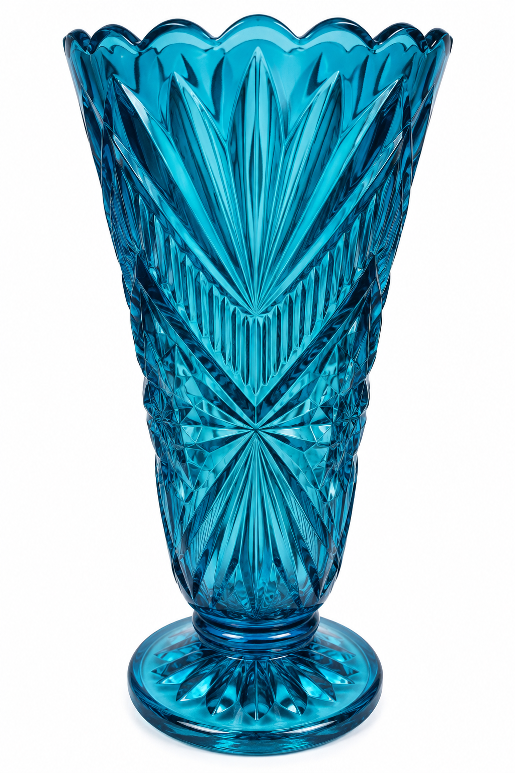 Vintage Turquoise Blue Pressed Glass Pinwheel Starburst Pedestal Vase – 9.5"