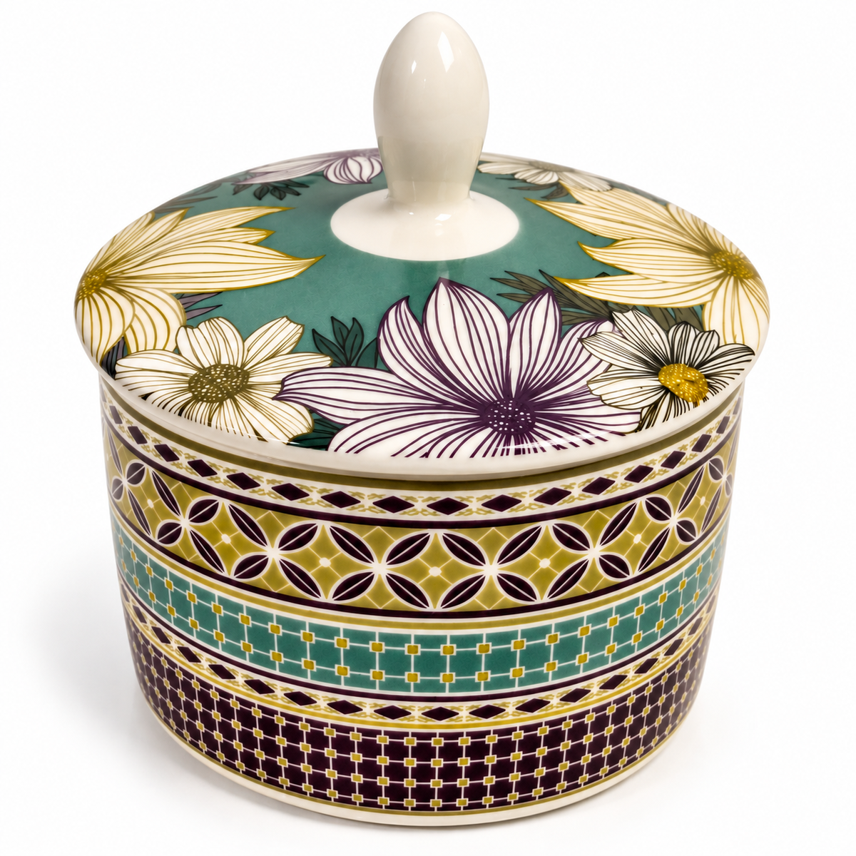 Portmeirion Atrium Covered Sugar Basin – Floral & Geometric Made in England