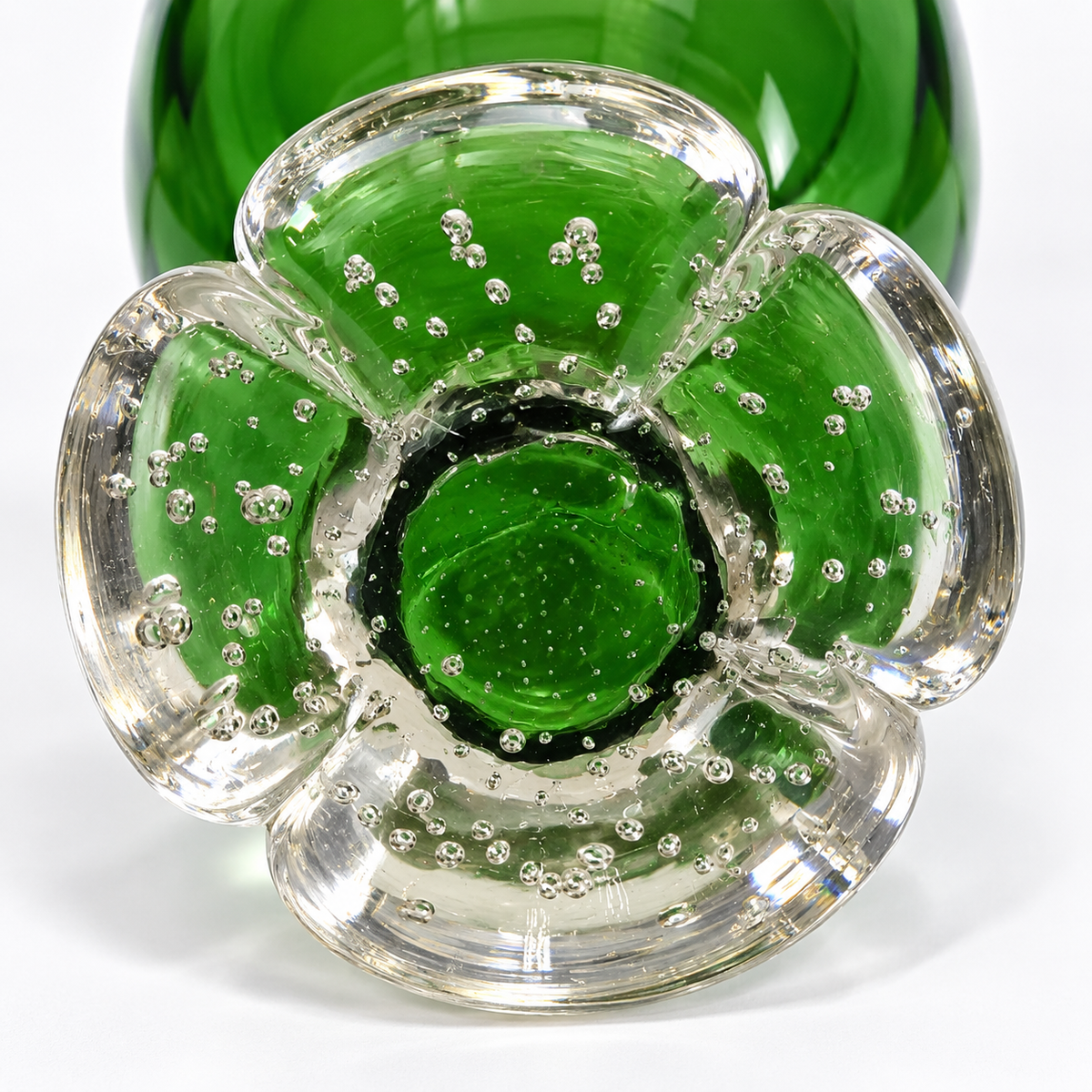 Vintage Åseda Glasbruk Green Art Glass Vase – Controlled Bubble Flower Foot c.1960s