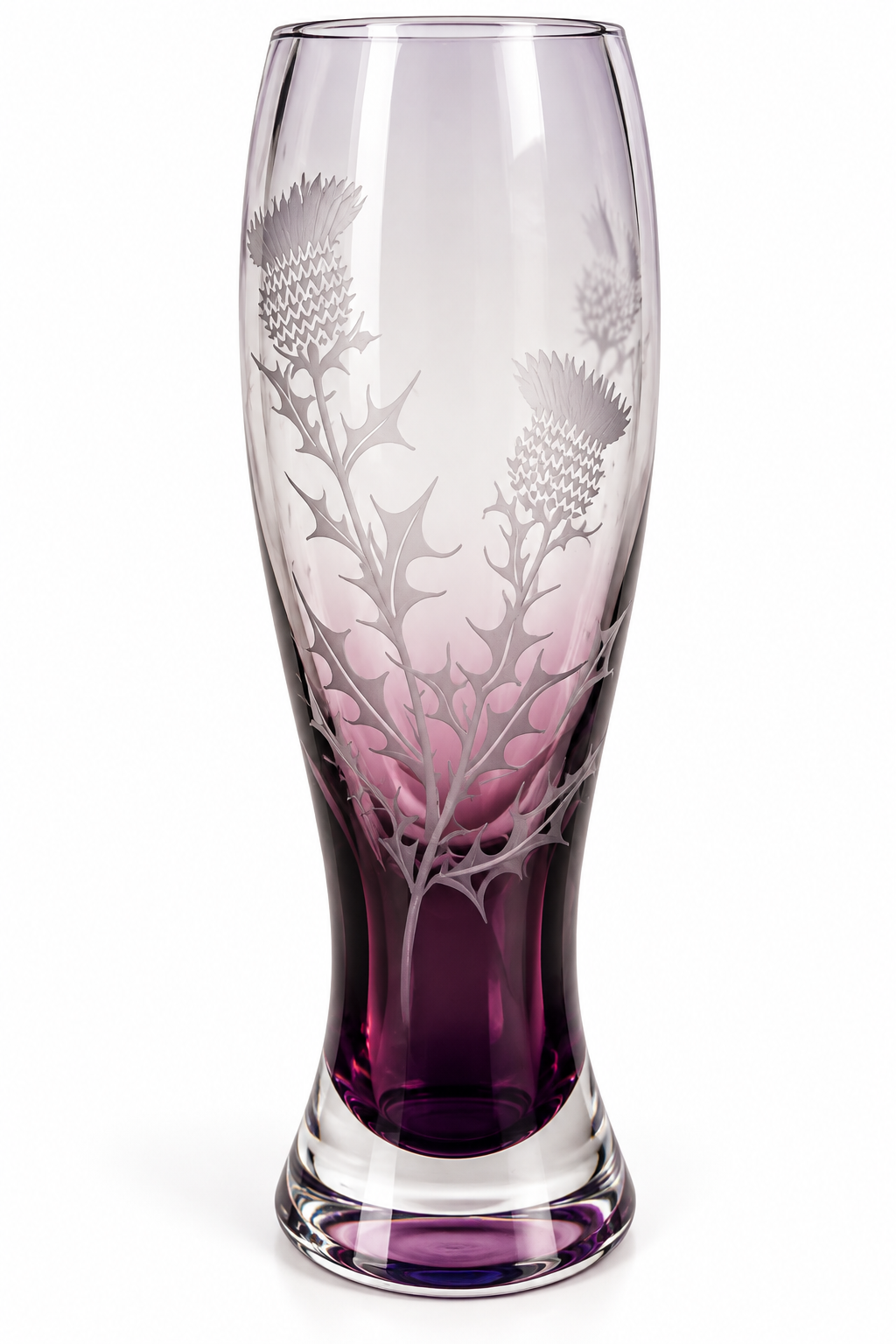 Vintage Caithness Scotland Thistle Amethyst Etched Glass Vase – Signed 8"