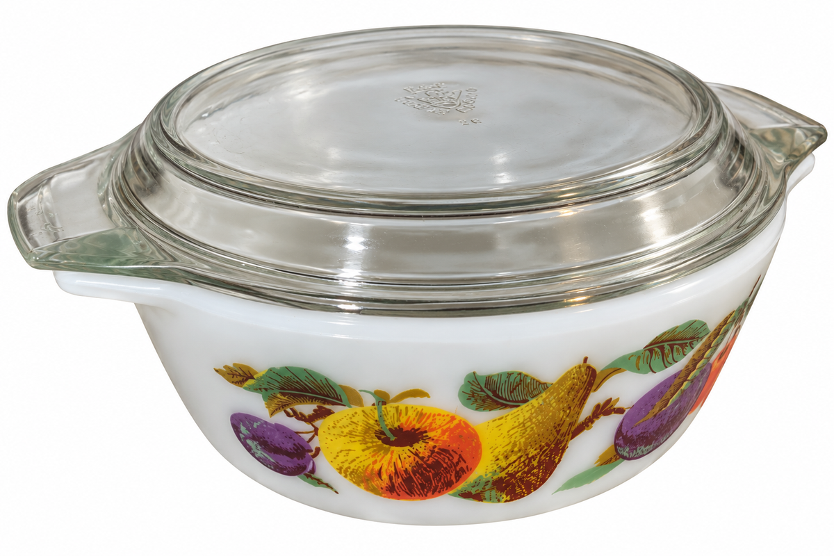 Vintage 1960s JAJ Pyrex Kent Orchard Fruit Casserole Dish & Lid – 6.75"