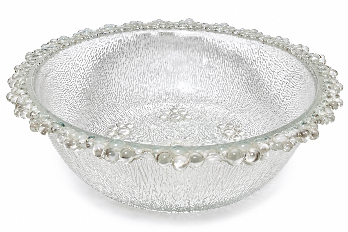 Vintage Masserini Barocco Italian Glass 7pc Bowl Set Bubble Lace Ice Bark