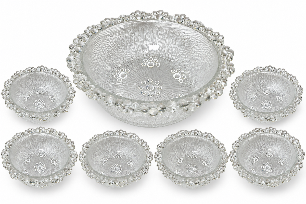 Vintage Masserini Barocco Italian Glass 7pc Bowl Set Bubble Lace Ice Bark