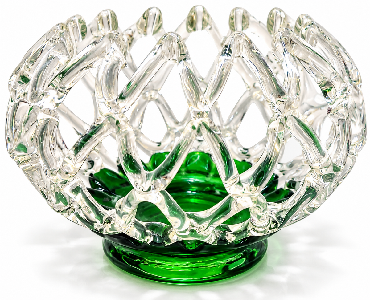 Vintage Hand Blown Open Lattice Art Glass Bowl with Emerald Green Base