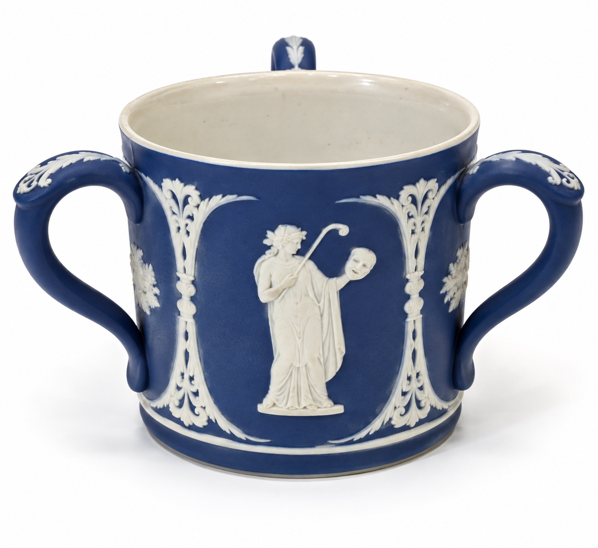 Antique Wedgwood Cobalt Blue Jasperware Three-Handled Tyg Loving Cup c.1900