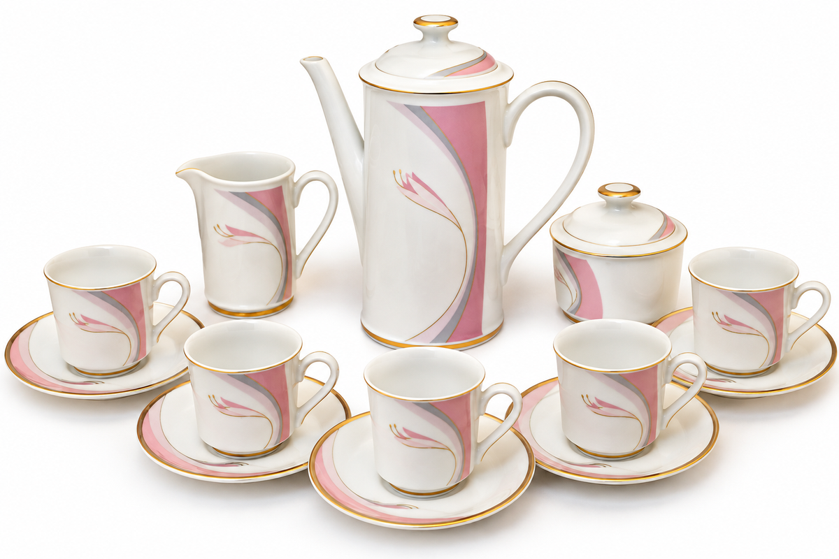 Vintage Loučky Sabina Czechoslovakia Pink & Gold 15-Piece Coffee Set for 6