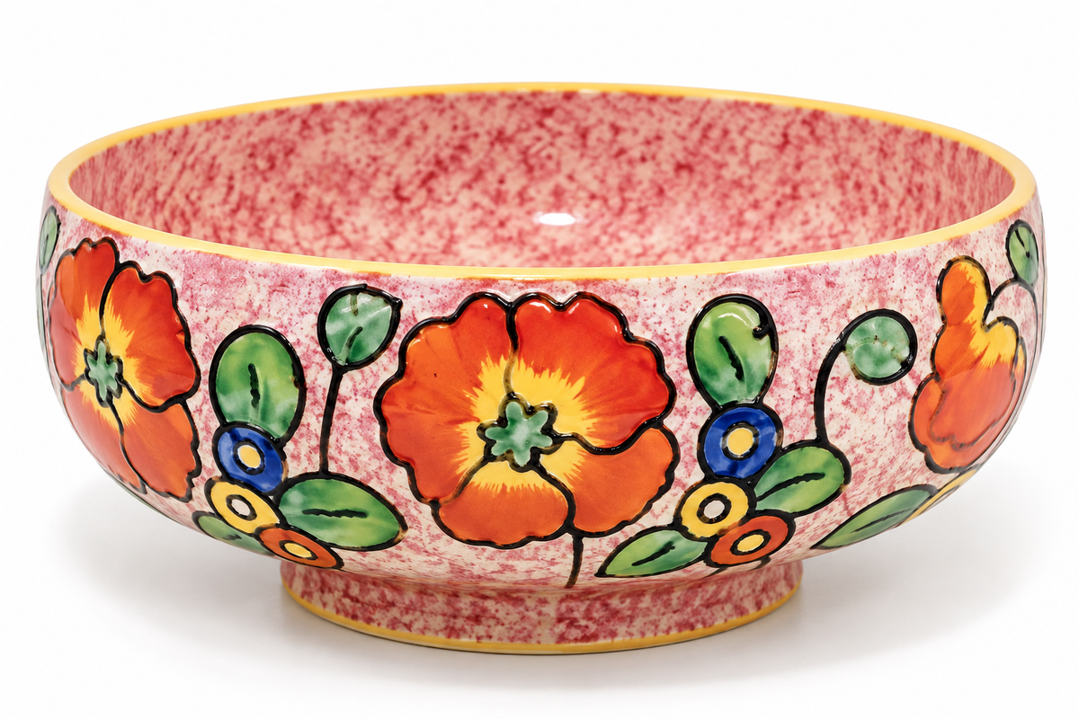 1930s Crown Ducal Art Deco Tube-Lined Poppy Floral Footed Bowl – 7"