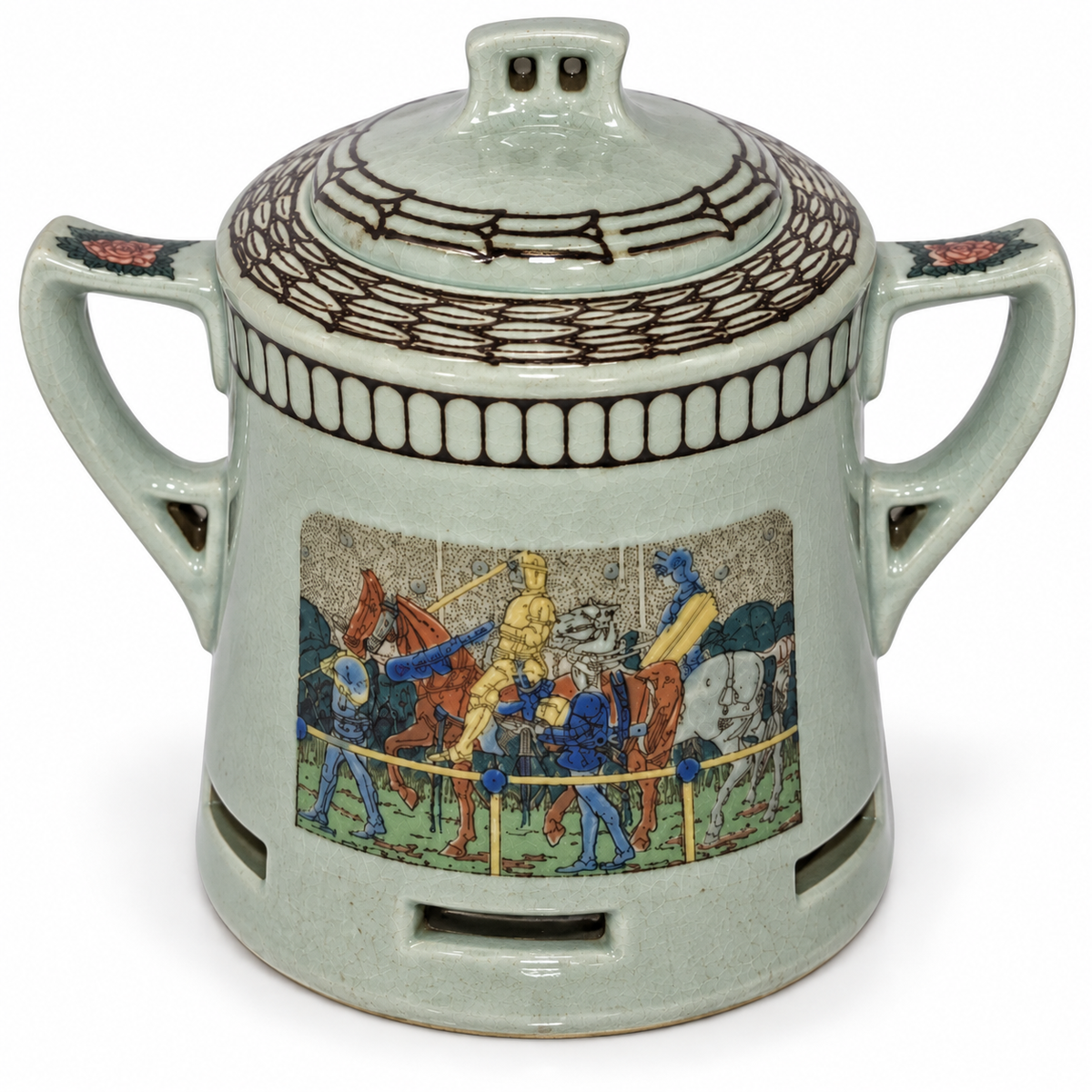 Antique Royal Doulton King Arthur’s Knights D2961 Lidded Twin Handle Jar