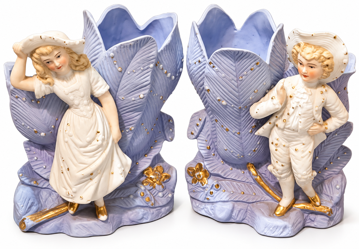 Antique German Bisque Boy & Girl Double Spill Vases – Mould No. 3125