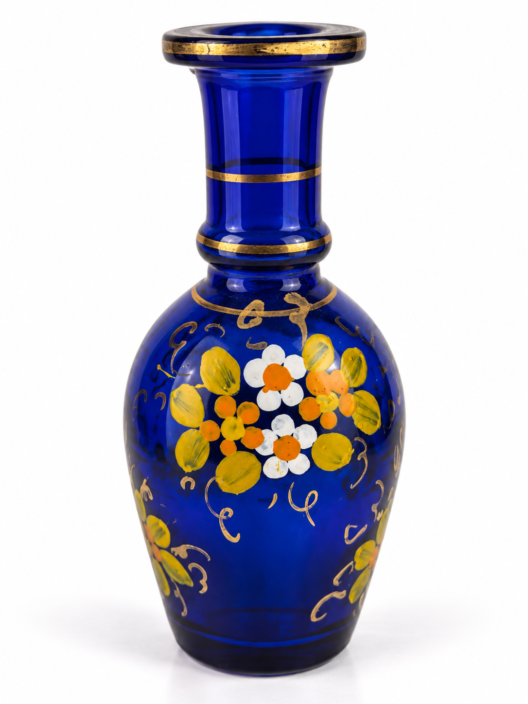 Vintage Cobalt Blue Glass Bud Vase with Hand-Painted Flowers & Gilt Detail – 6"